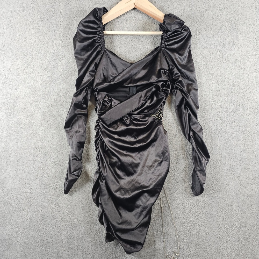 Do My‎ Self Black Satin Ruched Mini Dress Rhinestone Chain Fringe Puff Sleeve M